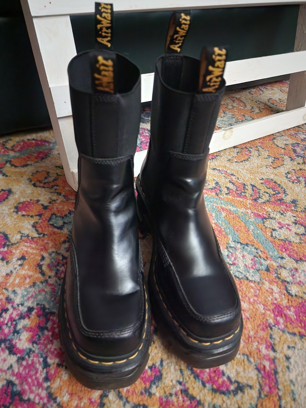 Dr. Martens Black Leather Slip-On Platform Boots with Yellow Stitching